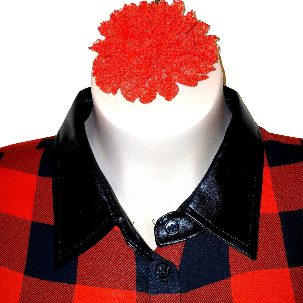 NY&C Women Longline Duster Top XXL Red Buffalo Plaid Checker Faux Leather Trim - Picture 6 of 10